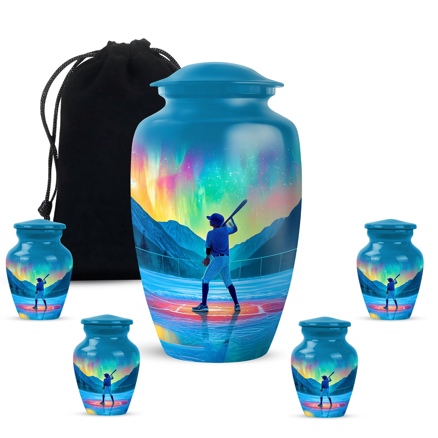 Icy Blue Baseball Cremation Urn top-down view of secure threaded lid - classic sculpted baseball pattern on smooth aluminum - memorial set with one large and four small urns
