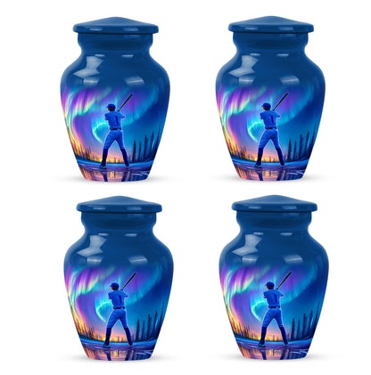 Dusty Blue Baseball Cremation Urn side profile showing urn shape - classic sculpted baseball pattern on smooth aluminum - 10 inch aluminum urn for cremated remains
