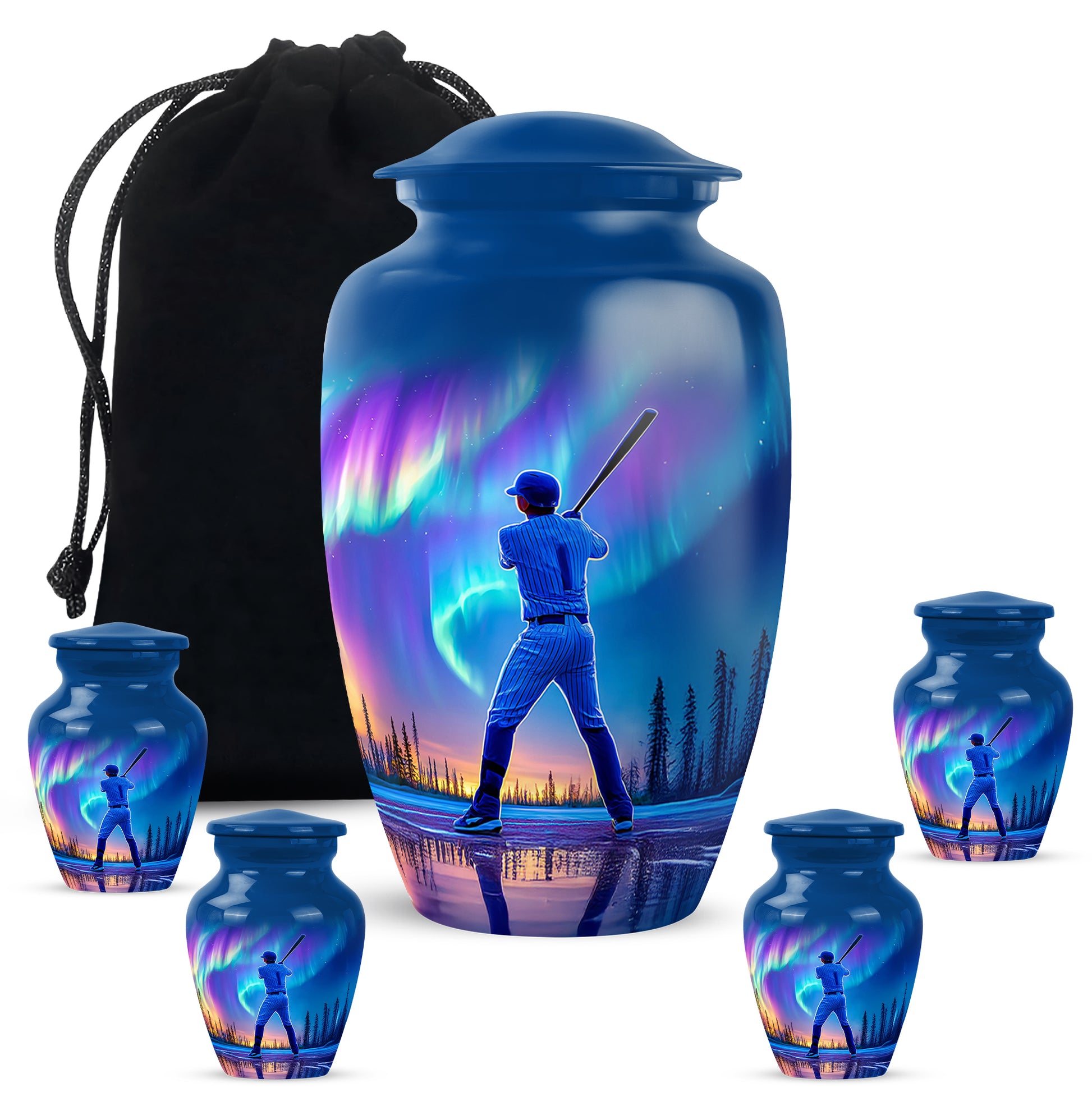 Twilight Blue Baseball Cremation Urn top-down view of secure threaded lid - elegant classic baseball relief with fine detailing - memorial set with one large and four small urns