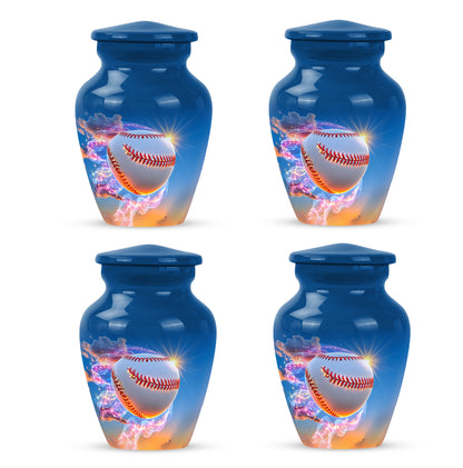 Indigo Baseball Cremation Urn side profile showing urn shape - classic sculpted baseball pattern on smooth aluminum - 10 inch aluminum urn for cremated remains