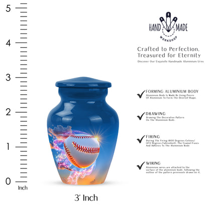 Twilight Blue Baseball Cremation Urn close-up of engraving and surface detail - elegant classic baseball relief with fine detailing - mini keepsake memorial for portion of cremation ashes