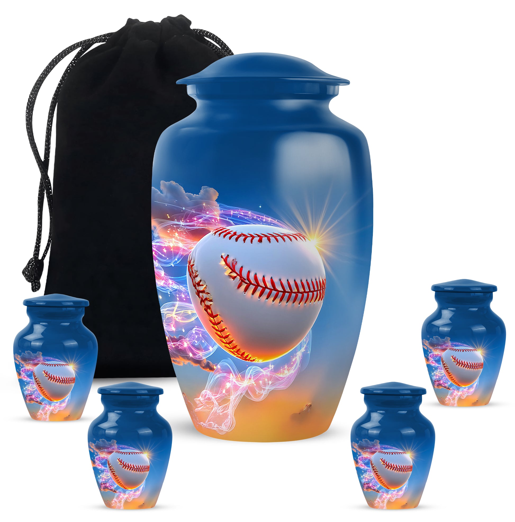 Serene Blue Baseball Cremation Urn top-down view of secure threaded lid - elegant classic baseball relief with fine detailing - memorial set with one large and four small urns
