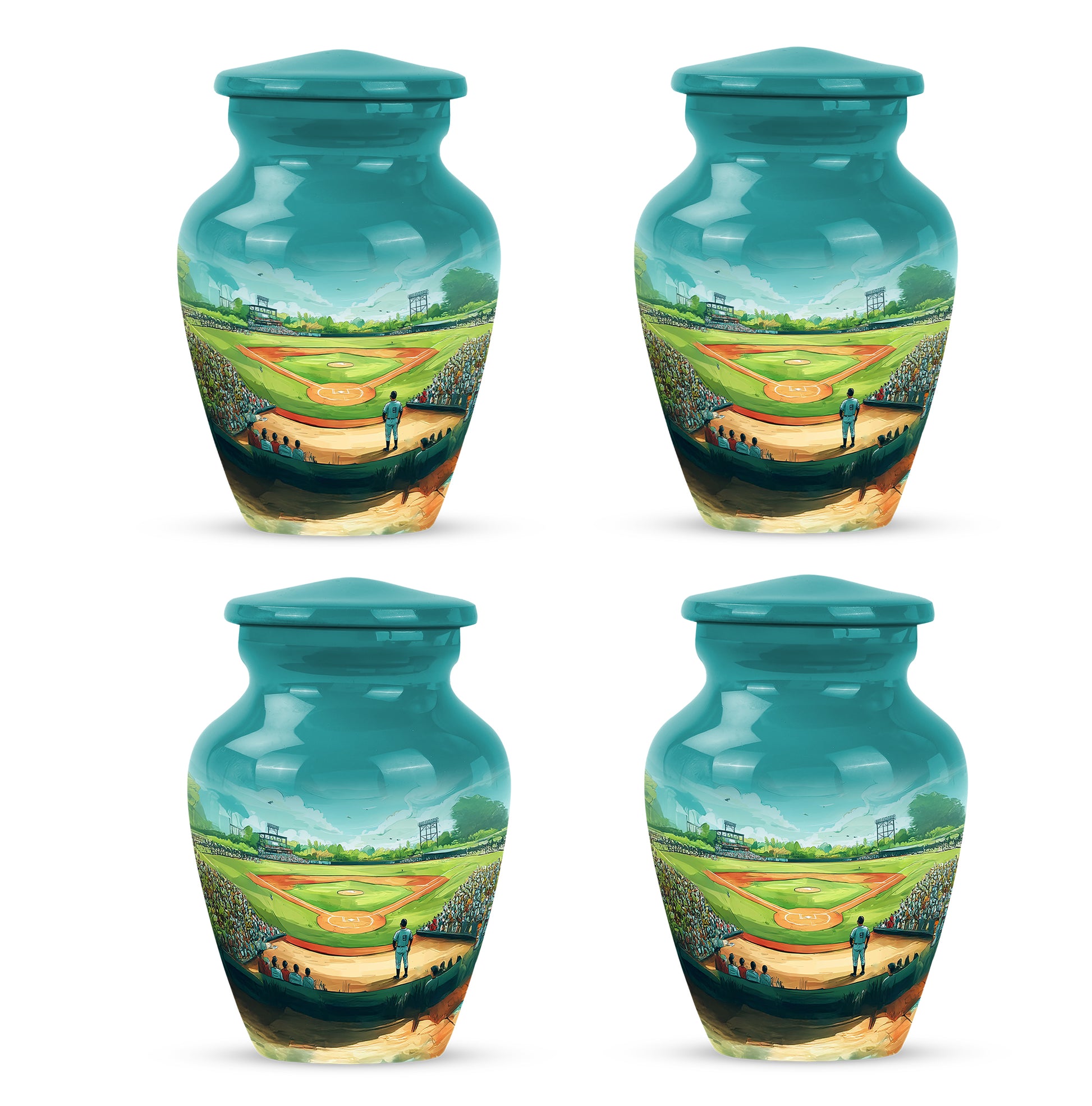 Mystic Teal Baseball Cremation Urn side profile showing urn shape - traditional baseball engraving with hand-polished finish - 10 inch aluminum urn for cremated remains