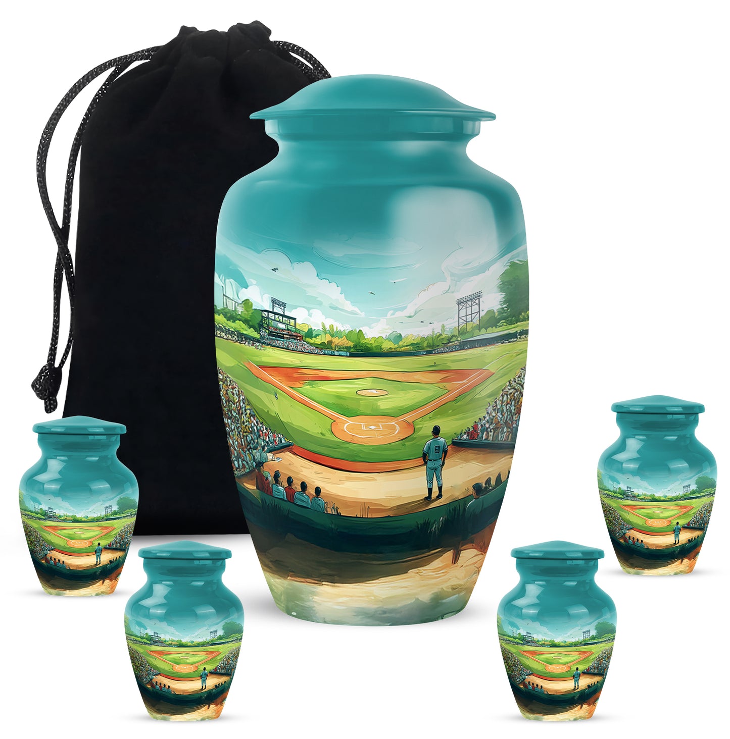 Sea Green Teal Baseball Cremation Urn top-down view of secure threaded lid - timeless baseball motif etched into premium metal - memorial set with one large and four small urns