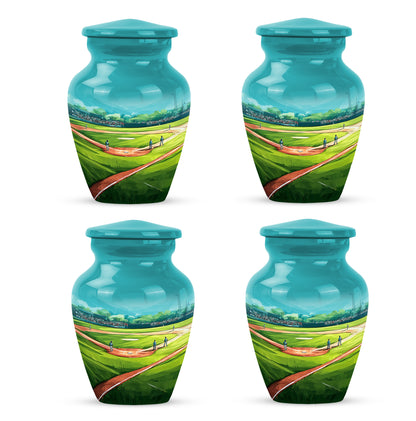 Soft Teal Baseball Cremation Urn side profile showing urn shape - classic sculpted baseball pattern on smooth aluminum - 10 inch aluminum urn for cremated remains