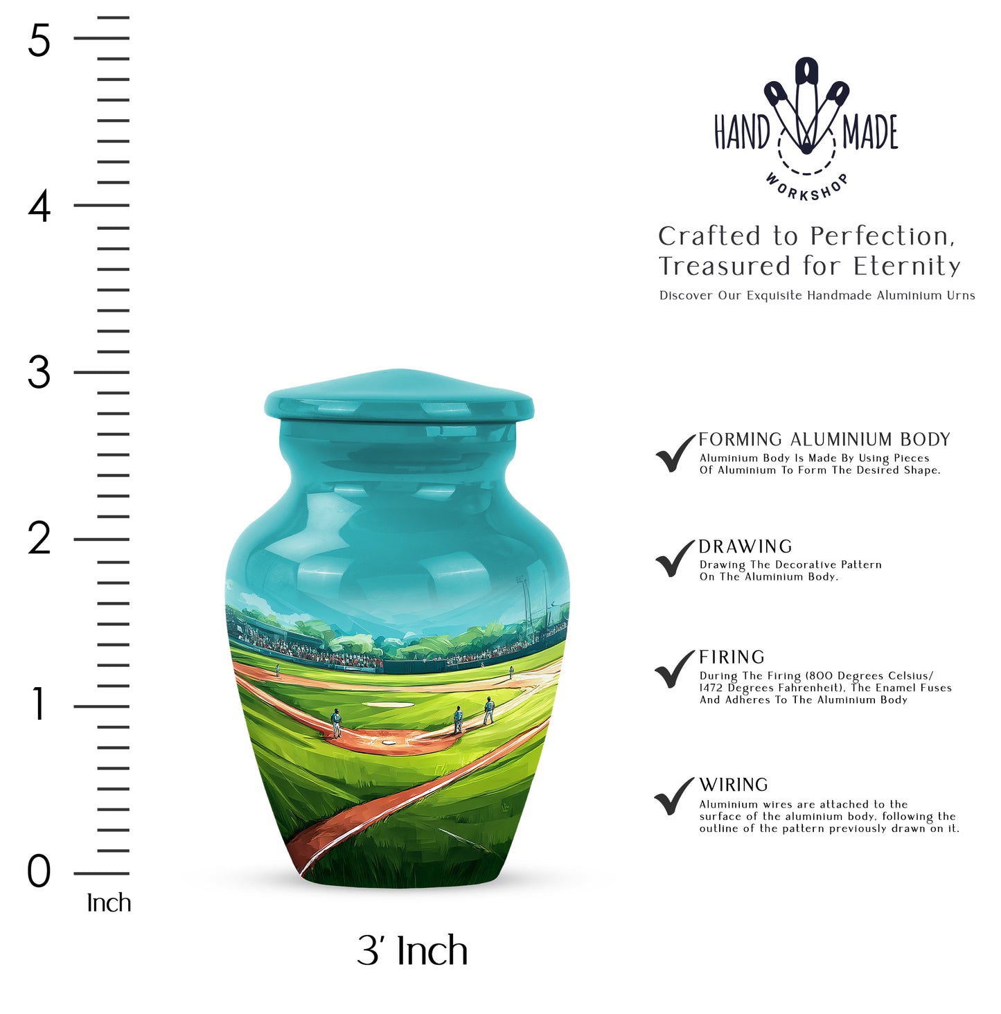 Aqua Teal Baseball Cremation Urn close-up of engraving and surface detail - traditional baseball engraving with hand-polished finish - mini keepsake memorial for portion of cremation ashes