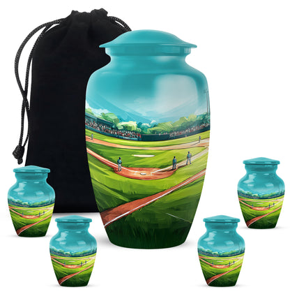 Tropical Teal Baseball Cremation Urn top-down view of secure threaded lid - traditional baseball engraving with hand-polished finish - memorial set with one large and four small urns