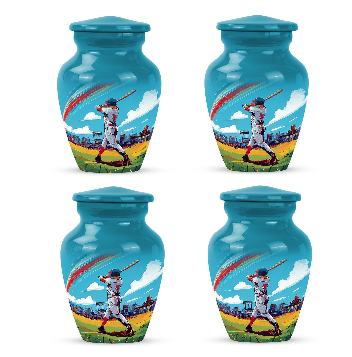 Mystic Teal Baseball Cremation Urn side profile showing urn shape - traditional baseball engraving with hand-polished finish - 10 inch aluminum urn for cremated remains