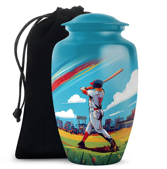 Soft Teal Baseball Cremation Urn angled view of lid and engraved motif - classic sculpted baseball pattern on smooth aluminum - full-size 10 inch 200 cubic inch adult cremation urn