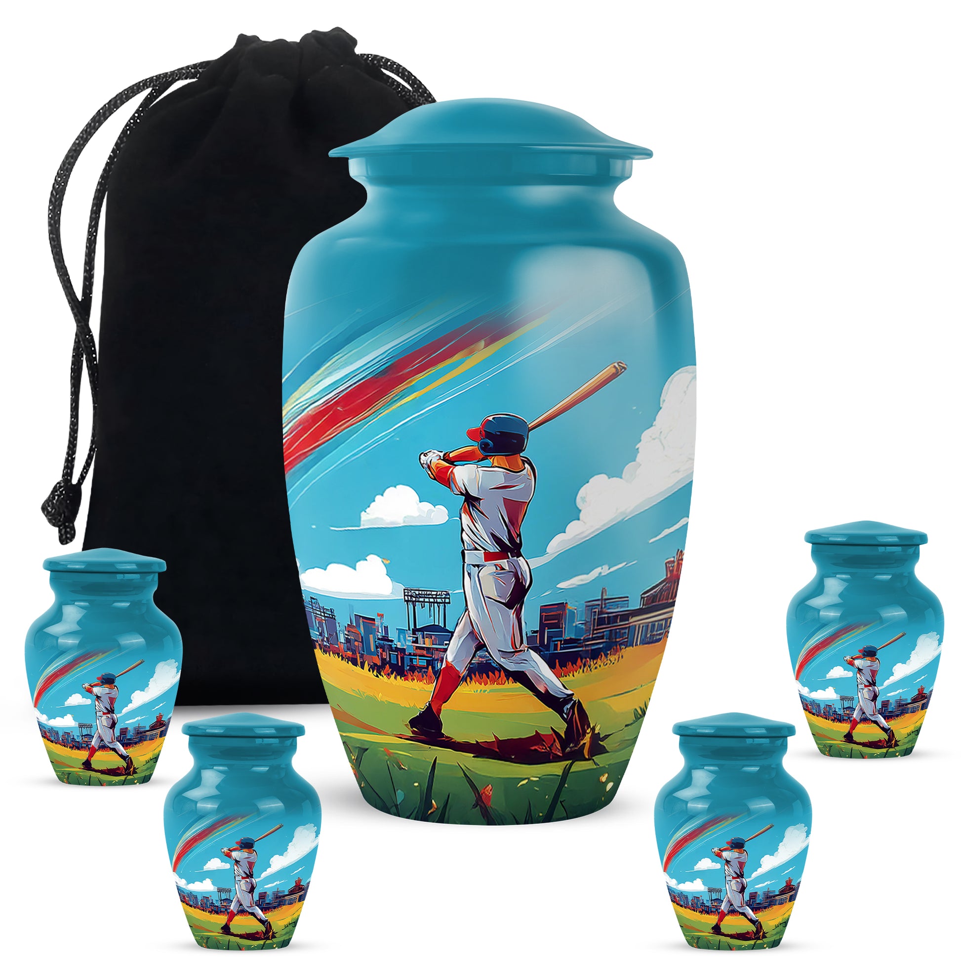 Cool Teal Baseball Cremation Urn top-down view of secure threaded lid - classic sculpted baseball pattern on smooth aluminum - memorial set with one large and four small urns