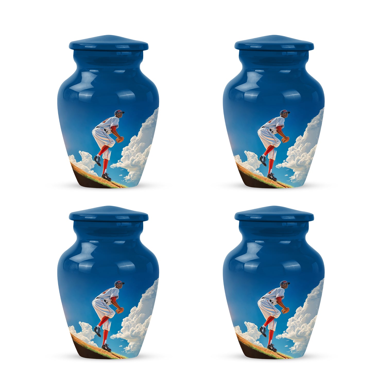 Serene Blue Baseball Cremation Urn side profile showing urn shape - elegant classic baseball relief with fine detailing - 10 inch aluminum urn for cremated remains