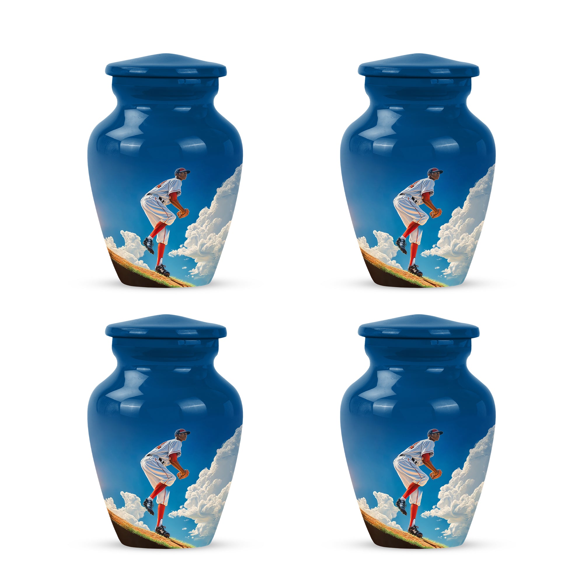 Serene Blue Baseball Cremation Urn side profile showing urn shape - elegant classic baseball relief with fine detailing - 10 inch aluminum urn for cremated remains