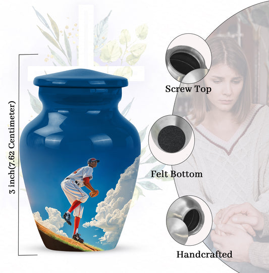 Cobalt Blue Baseball Cremation Urn close-up of engraving and surface detail - elegant classic baseball relief with fine detailing - mini keepsake memorial for portion of cremation ashes