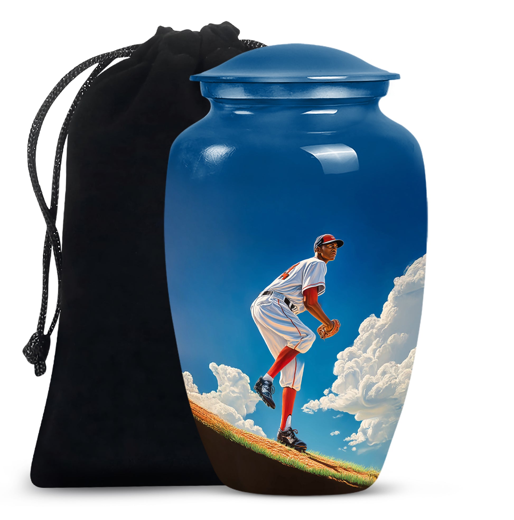 Serene Blue Baseball Cremation Urn angled view of lid and engraved motif - elegant classic baseball relief with fine detailing - full-size 10 inch 200 cubic inch adult cremation urn