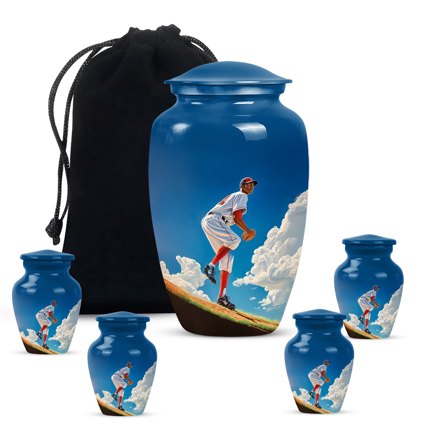 Pastel Blue Baseball Cremation Urn top-down view of secure threaded lid - classic sculpted baseball pattern on smooth aluminum - memorial set with one large and four small urns