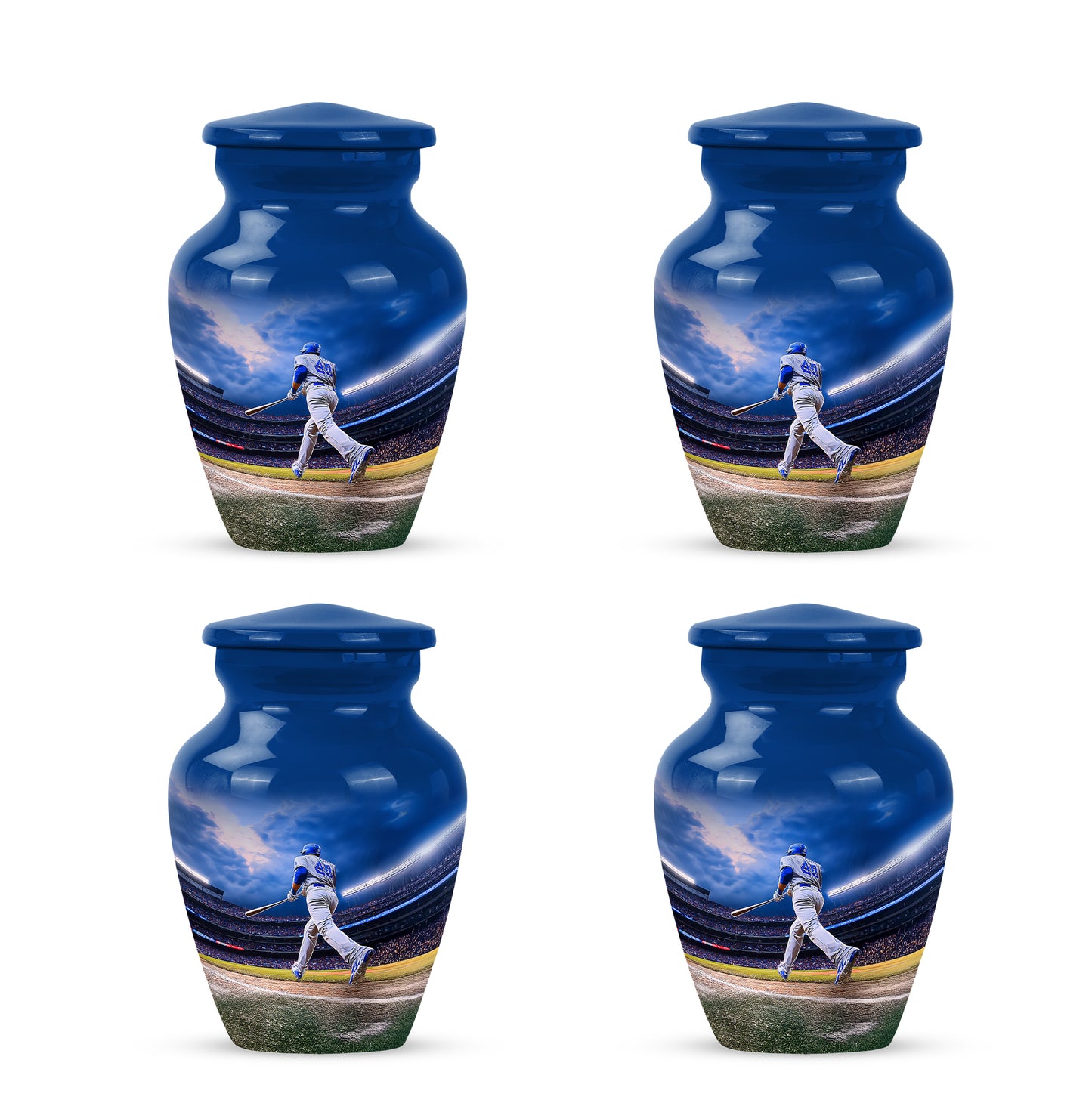 Dusty Blue Baseball Cremation Urn side profile showing urn shape - classic sculpted baseball pattern on smooth aluminum - 10 inch aluminum urn for cremated remains