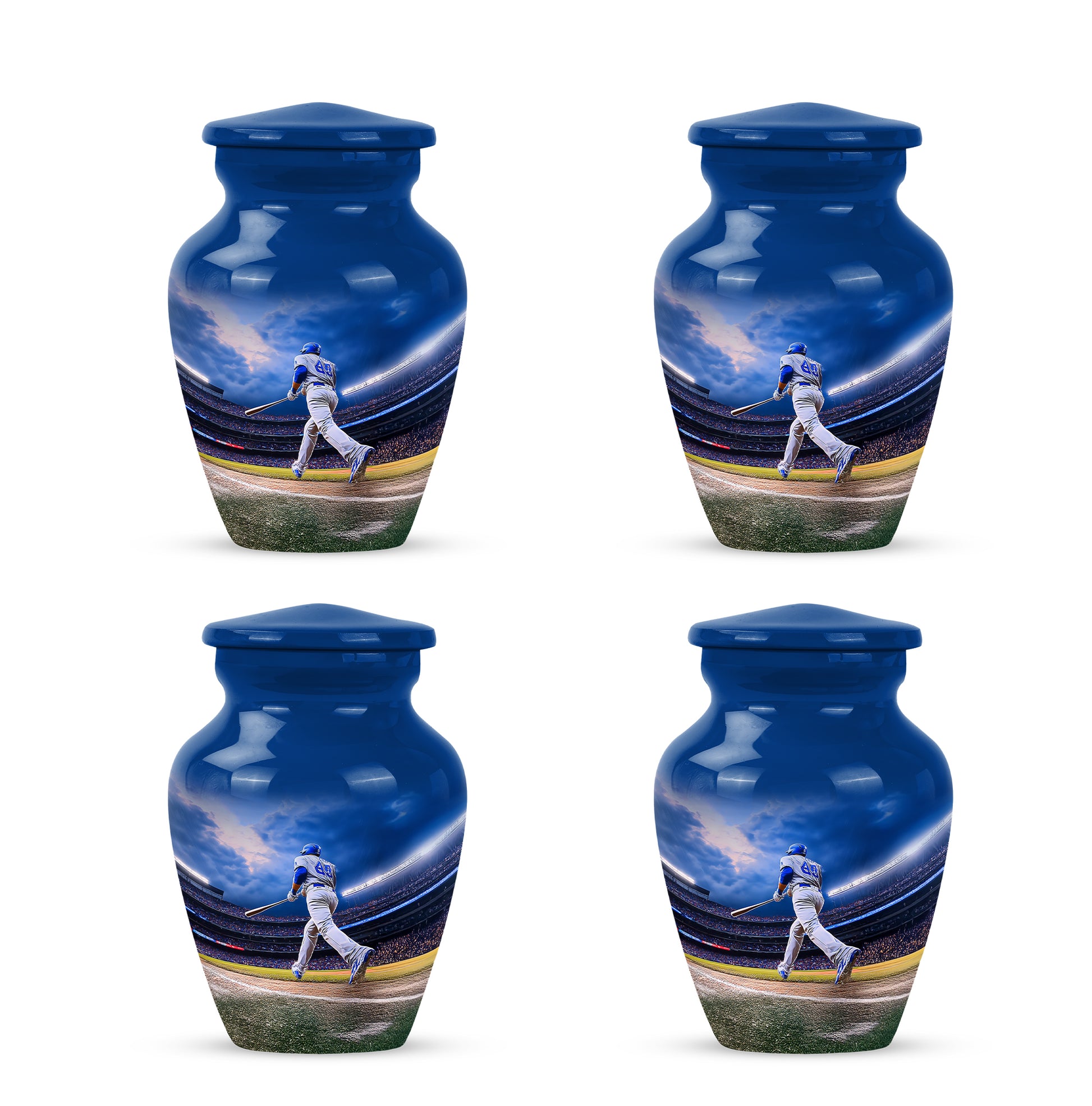 Dusty Blue Baseball Cremation Urn side profile showing urn shape - classic sculpted baseball pattern on smooth aluminum - 10 inch aluminum urn for cremated remains