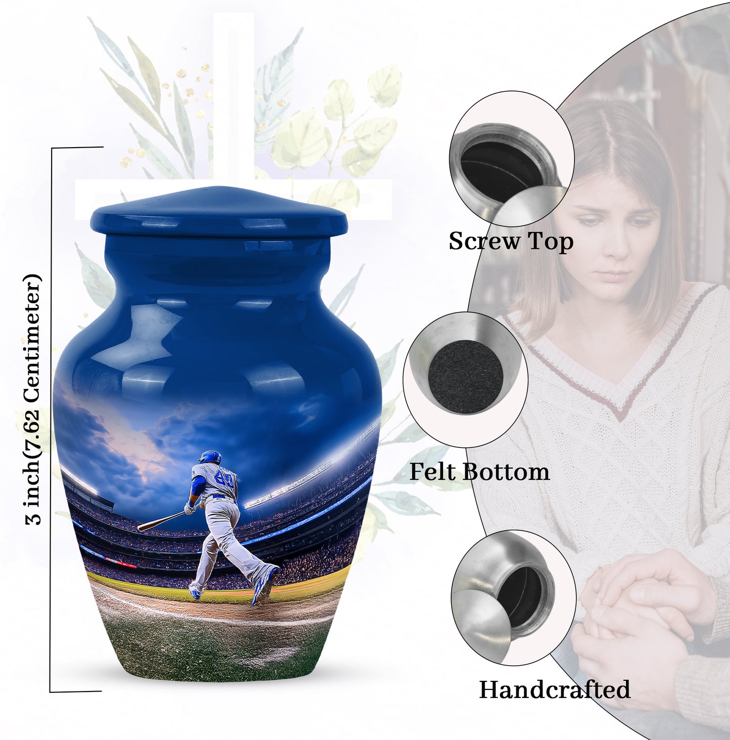 Cornflower Blue Baseball Cremation Urn close-up of engraving and surface detail - elegant classic baseball relief with fine detailing - mini keepsake memorial for portion of cremation ashes