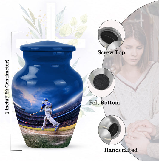 Cornflower Blue Baseball Cremation Urn close-up of engraving and surface detail - elegant classic baseball relief with fine detailing - mini keepsake memorial for portion of cremation ashes