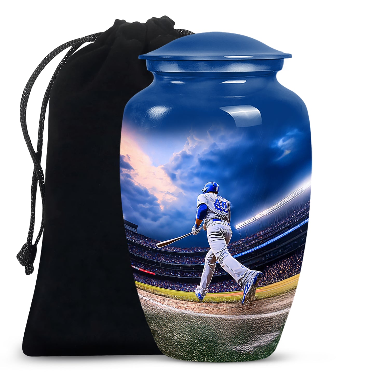 Cobalt Blue Baseball Cremation Urn angled view of lid and engraved motif - traditional baseball engraving with hand-polished finish - full-size 10 inch 200 cubic inch adult cremation urn