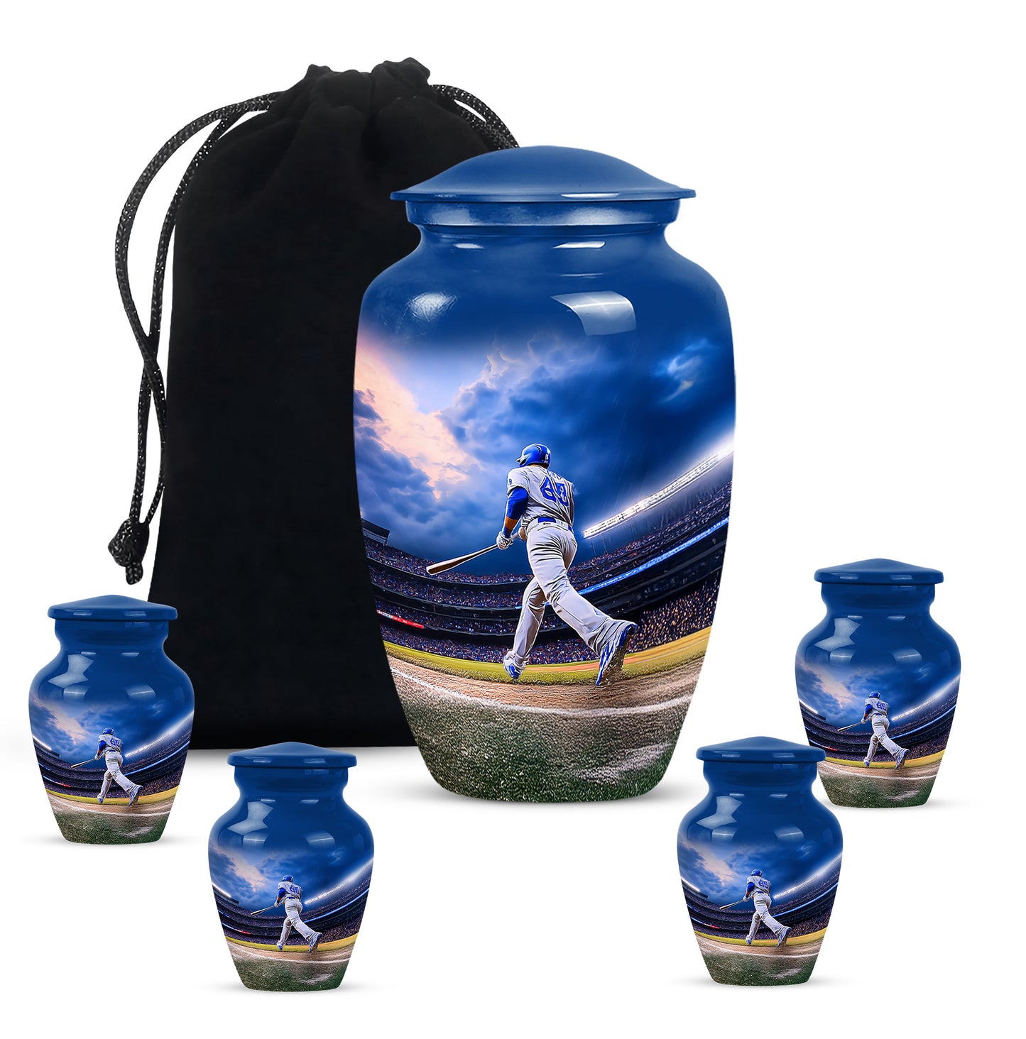 Serene Blue Baseball Cremation Urn top-down view of secure threaded lid - traditional baseball engraving with hand-polished finish - memorial set with one large and four small urns
