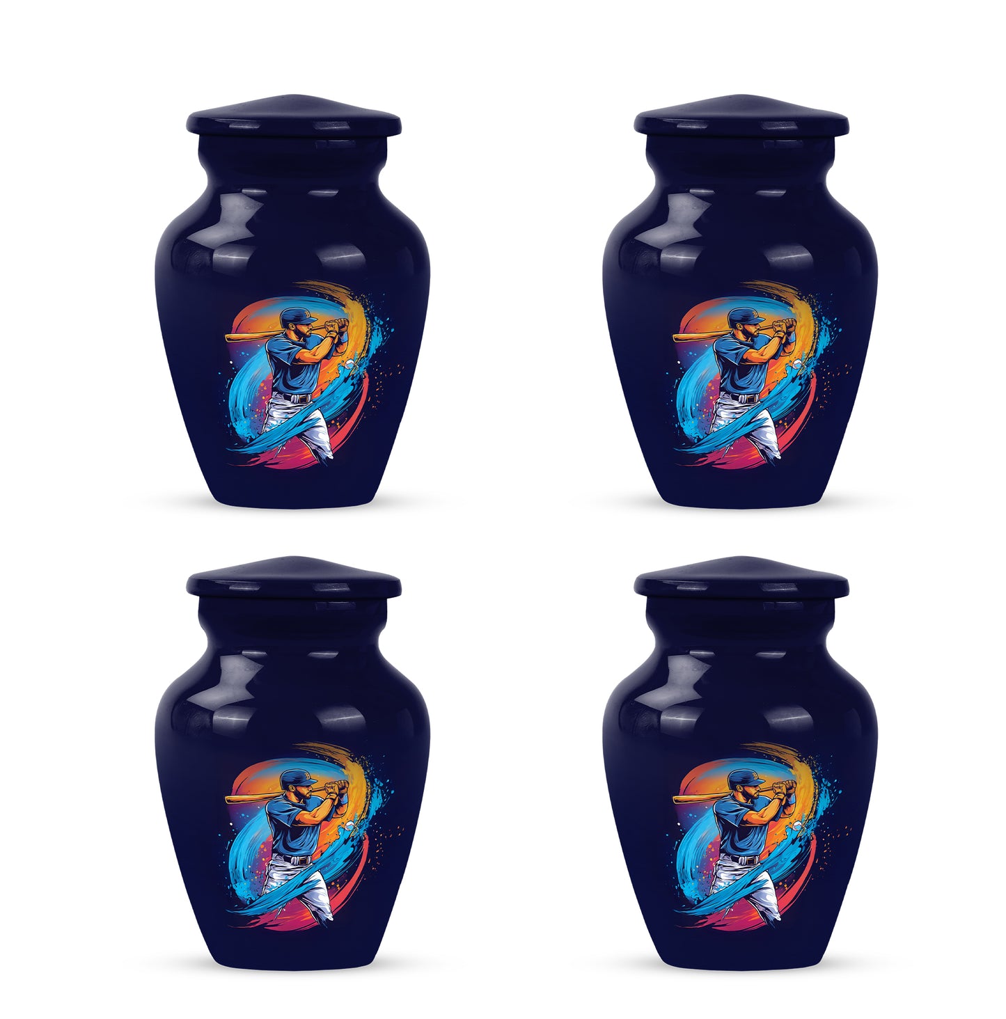 Cobalt Blue Baseball Cremation Urn side profile showing urn shape - traditional baseball engraving with hand-polished finish - 10 inch aluminum urn for cremated remains