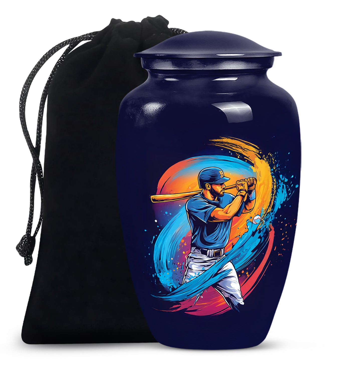 Twilight Blue Baseball Cremation Urn angled view of lid and engraved motif - traditional baseball engraving with hand-polished finish - full-size 10 inch 200 cubic inch adult cremation urn