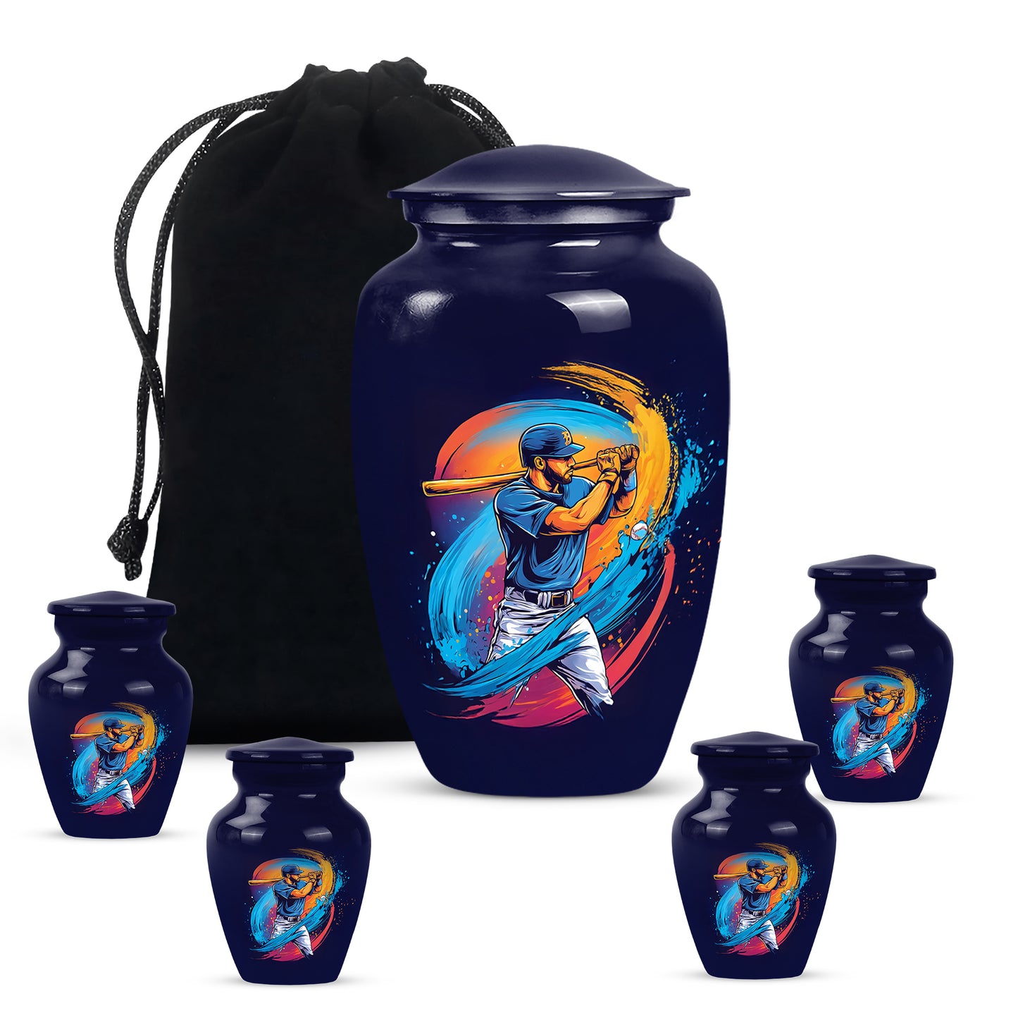 Serene Blue Baseball Cremation Urn top-down view of secure threaded lid - elegant classic baseball relief with fine detailing - memorial set with one large and four small urns
