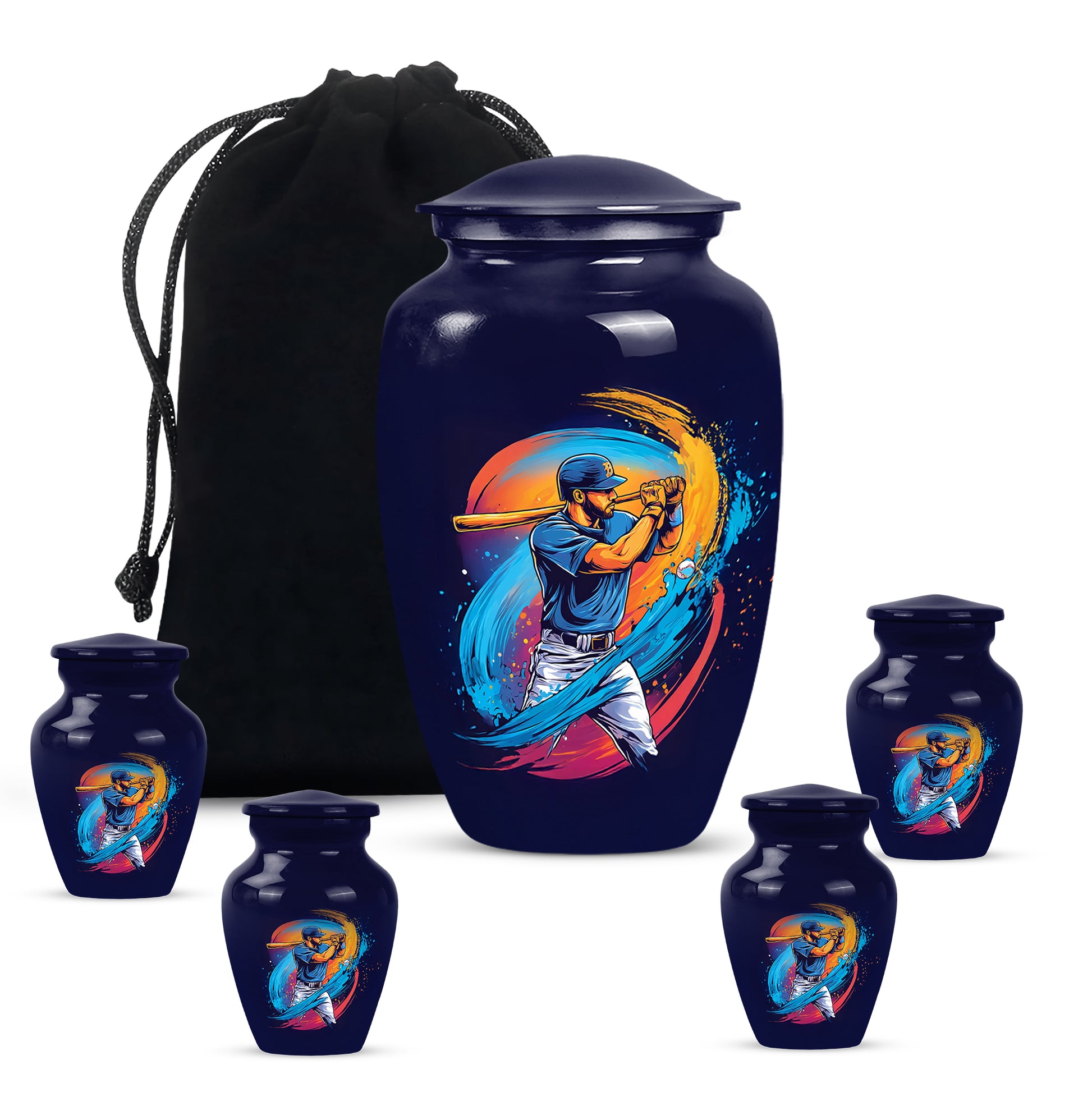 Serene Blue Baseball Cremation Urn top-down view of secure threaded lid - elegant classic baseball relief with fine detailing - memorial set with one large and four small urns