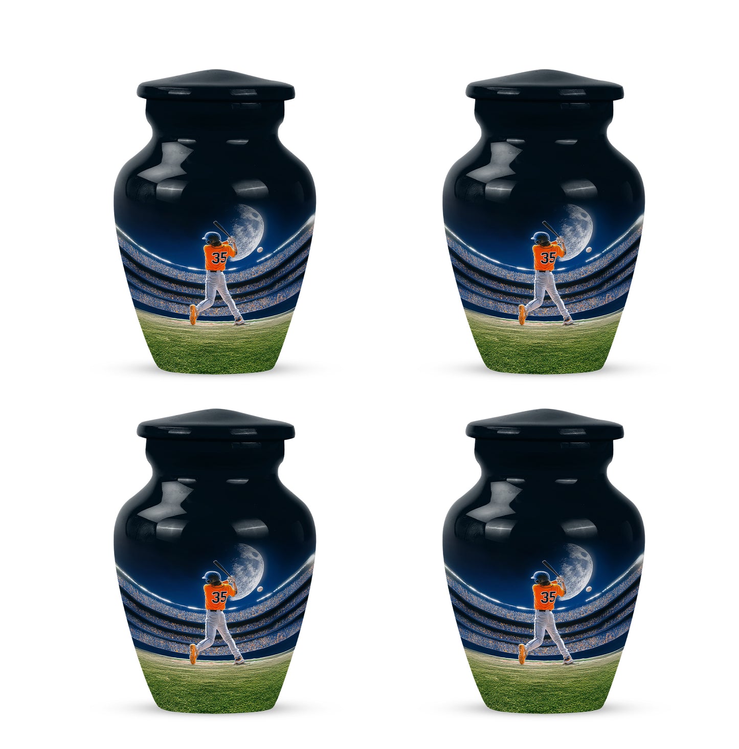 Navy Blue Baseball Cremation Urn side profile showing urn shape - classic sculpted baseball pattern on smooth aluminum - 10 inch aluminum urn for cremated remains