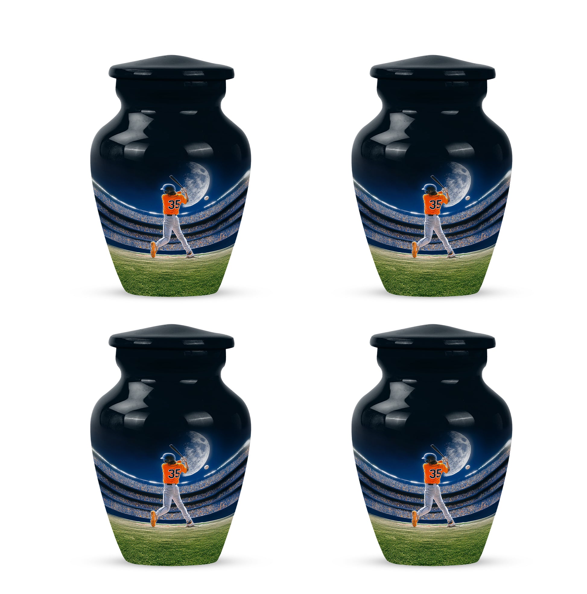 Navy Blue Baseball Cremation Urn side profile showing urn shape - classic sculpted baseball pattern on smooth aluminum - 10 inch aluminum urn for cremated remains