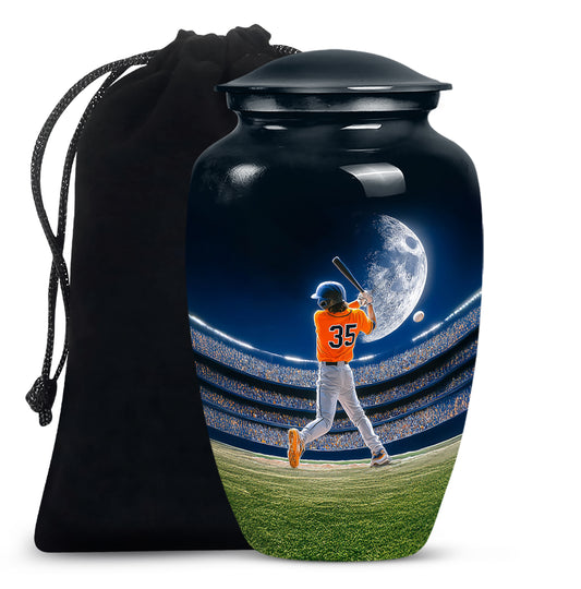 Steel Blue Baseball Cremation Urn angled view of lid and engraved motif - traditional baseball engraving with hand-polished finish - full-size 10 inch 200 cubic inch adult cremation urn