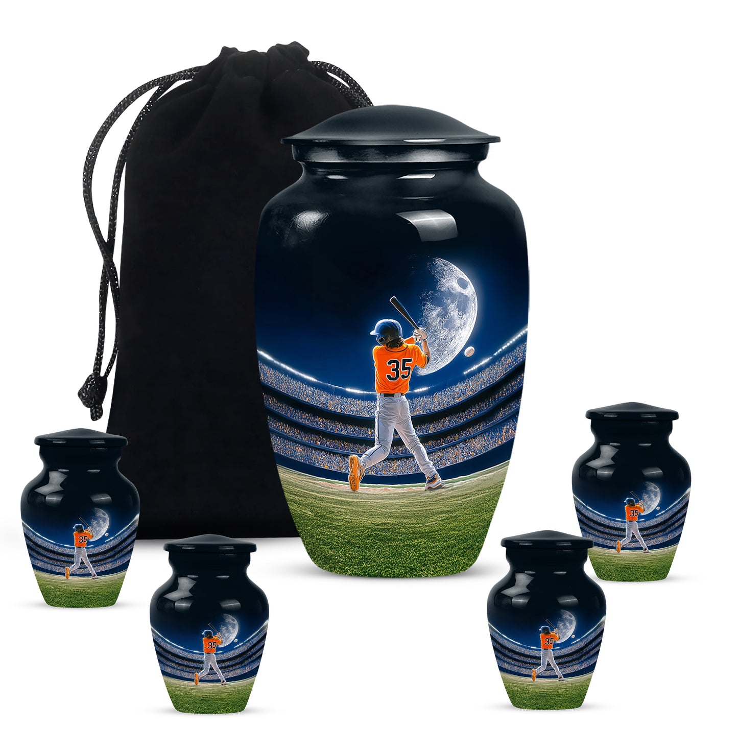 Celestial Blue Baseball Cremation Urn top-down view of secure threaded lid - classic sculpted baseball pattern on smooth aluminum - memorial set with one large and four small urns