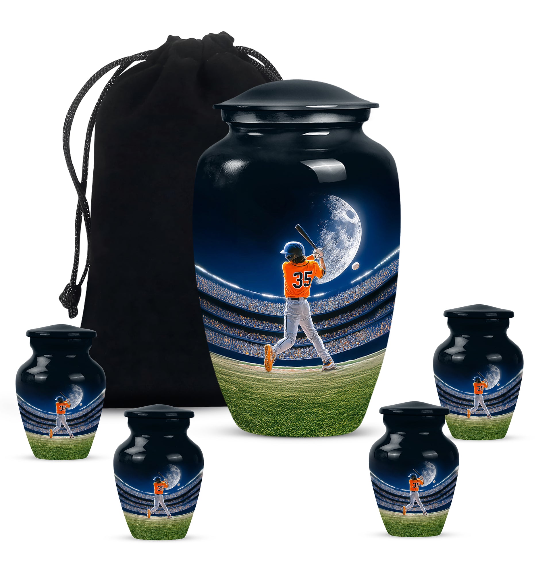 Celestial Blue Baseball Cremation Urn top-down view of secure threaded lid - classic sculpted baseball pattern on smooth aluminum - memorial set with one large and four small urns