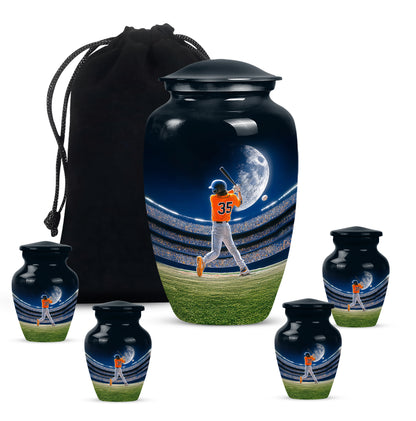 Celestial Blue Baseball Cremation Urn top-down view of secure threaded lid - classic sculpted baseball pattern on smooth aluminum - memorial set with one large and four small urns