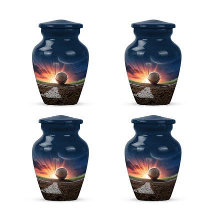 Bright Blue Baseball Cremation Urn side profile showing urn shape - elegant classic baseball relief with fine detailing - 10 inch aluminum urn for cremated remains