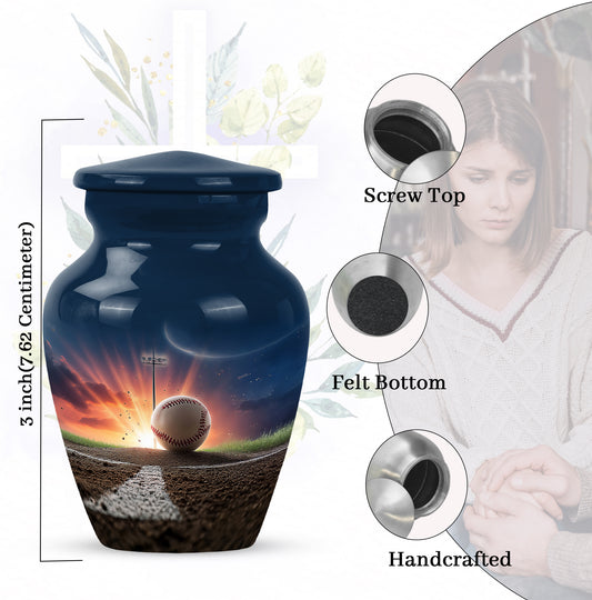 Navy Blue Baseball Cremation Urn close-up of engraving and surface detail - timeless baseball motif etched into premium metal - mini keepsake memorial for portion of cremation ashes