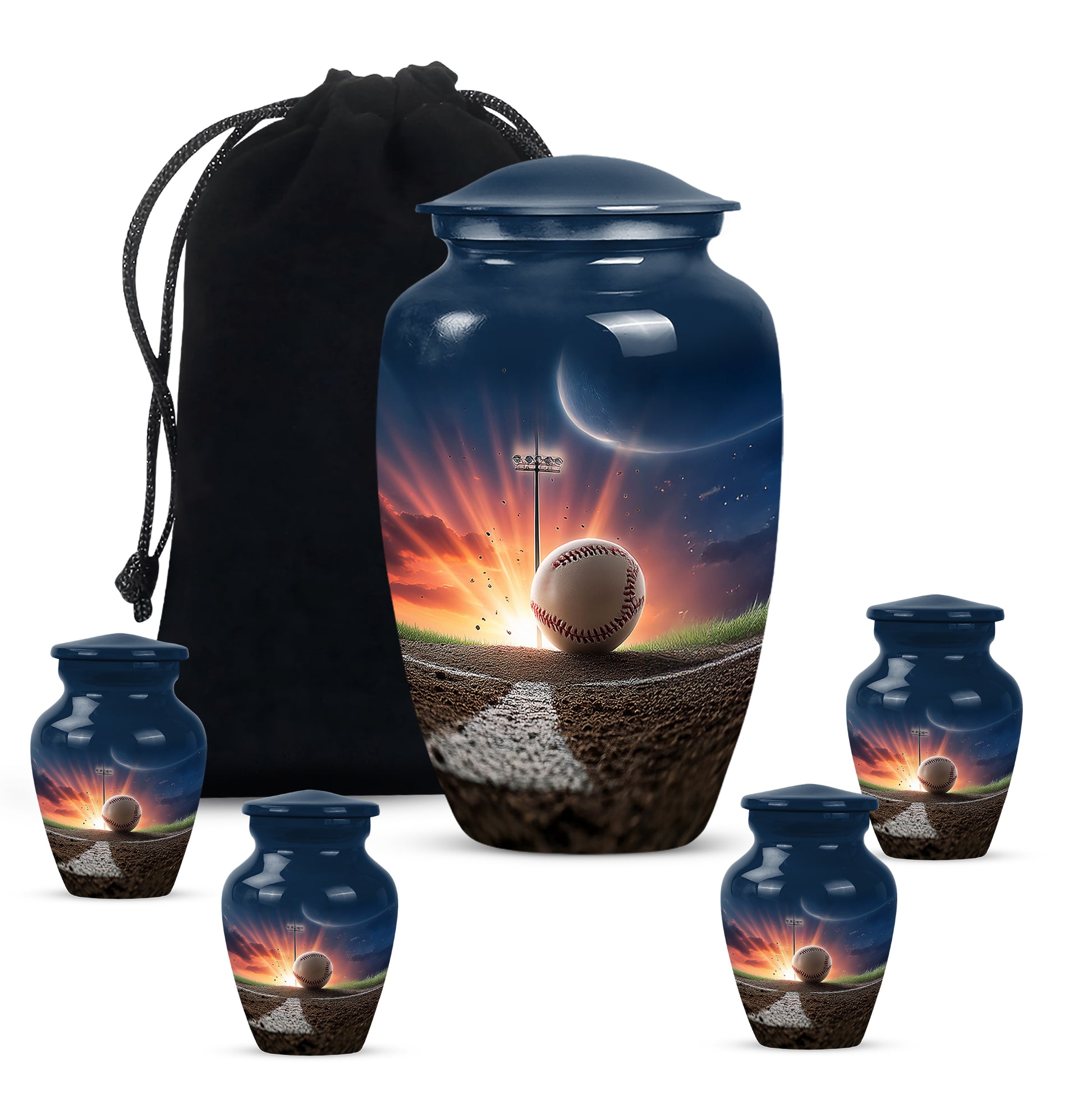 Misty Blue Baseball Cremation Urn top-down view of secure threaded lid - timeless baseball motif etched into premium metal - memorial set with one large and four small urns