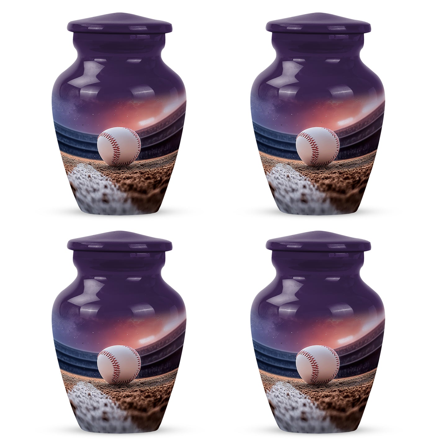 Orchid Purple Baseball Cremation Urn side profile showing urn shape - classic sculpted baseball pattern on smooth aluminum - 10 inch aluminum urn for cremated remains
