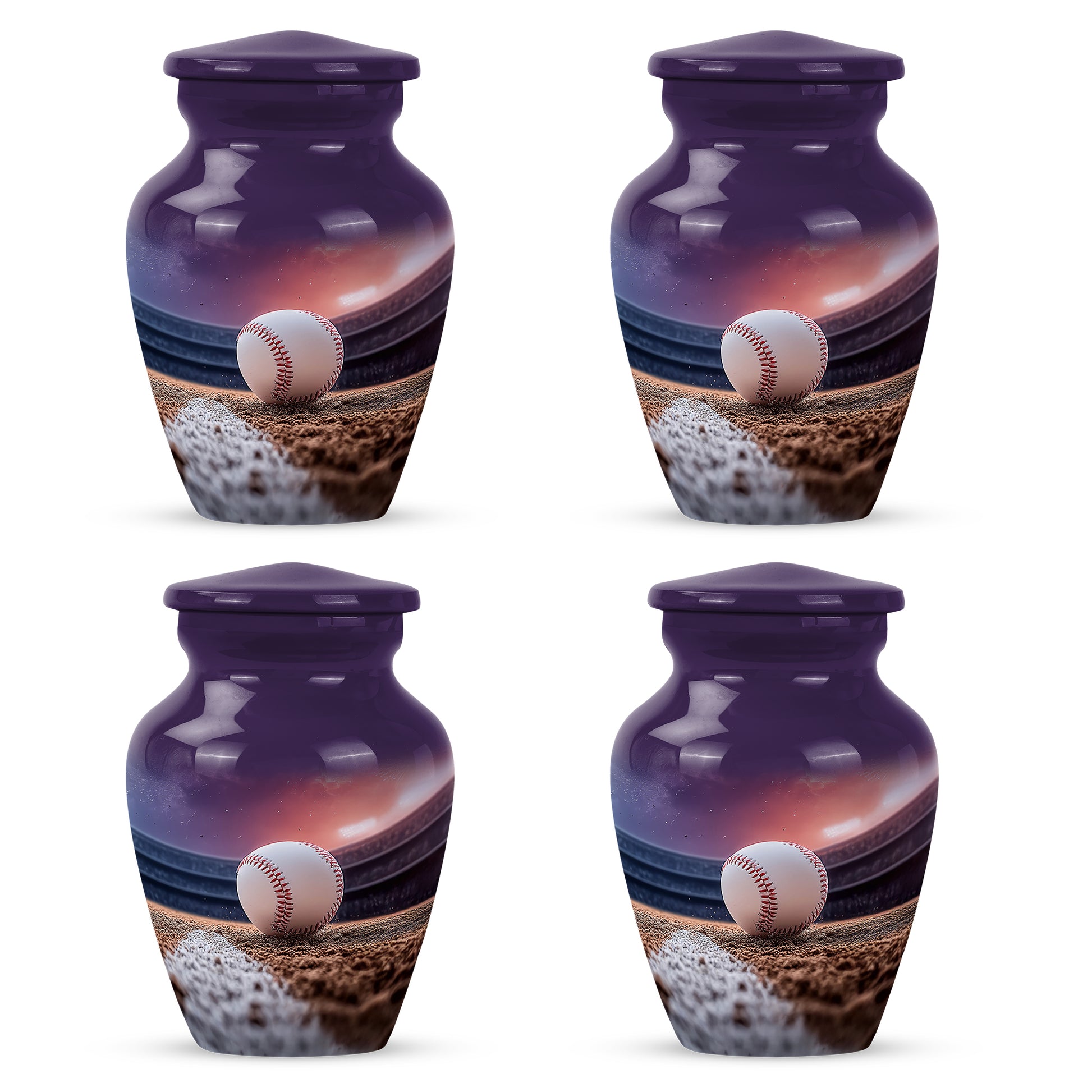 Orchid Purple Baseball Cremation Urn side profile showing urn shape - classic sculpted baseball pattern on smooth aluminum - 10 inch aluminum urn for cremated remains