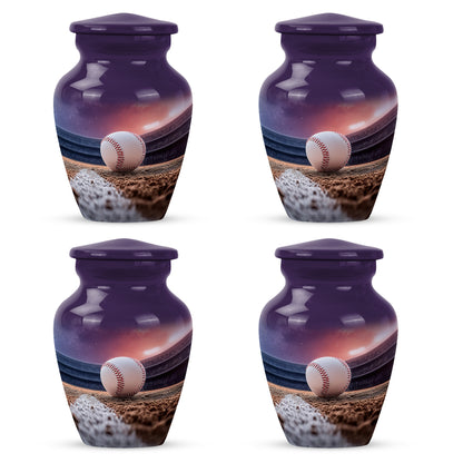 Orchid Purple Baseball Cremation Urn side profile showing urn shape - classic sculpted baseball pattern on smooth aluminum - 10 inch aluminum urn for cremated remains