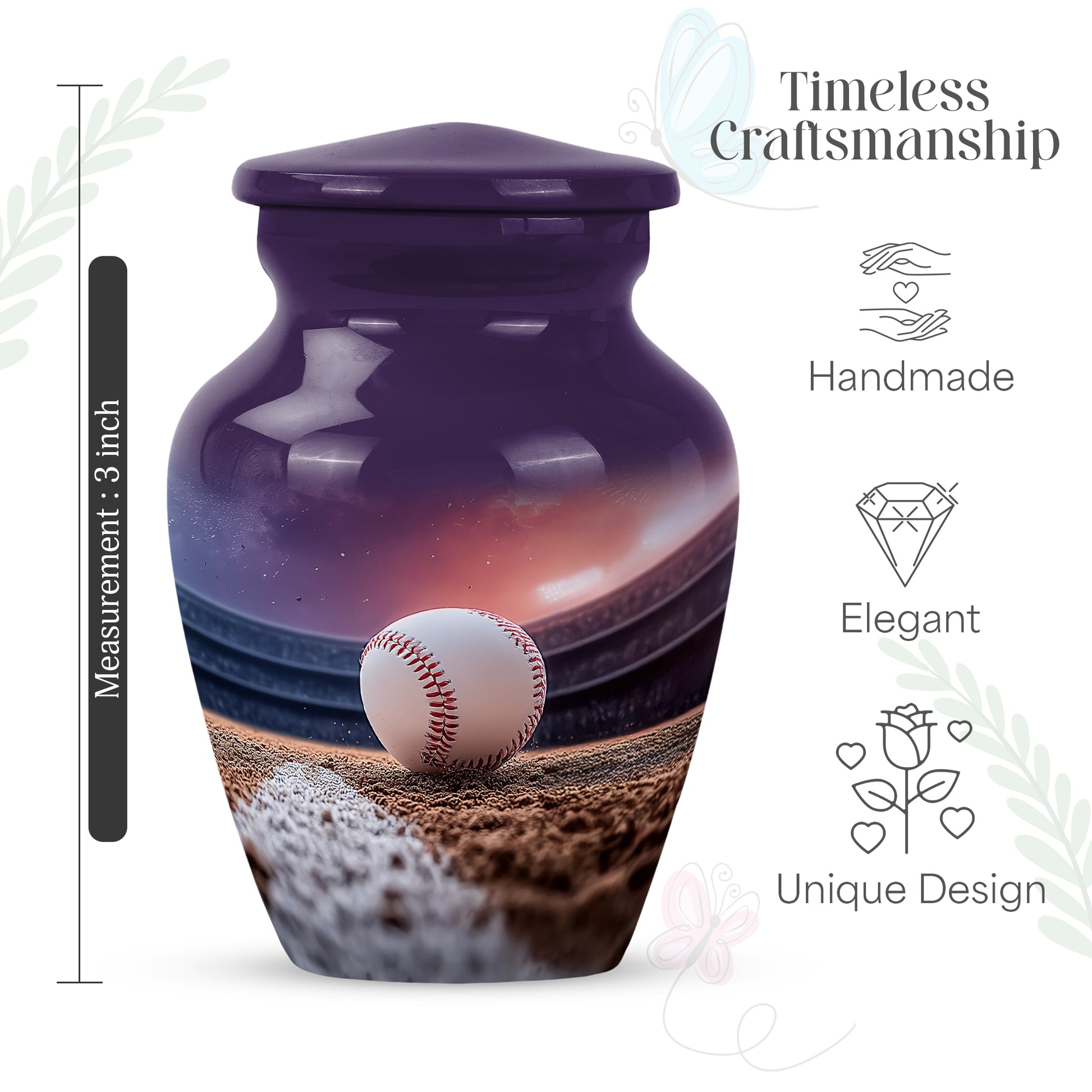 Deep Purple Baseball Cremation Urn close-up of engraving and surface detail - timeless baseball motif etched into premium metal - mini keepsake memorial for portion of cremation ashes