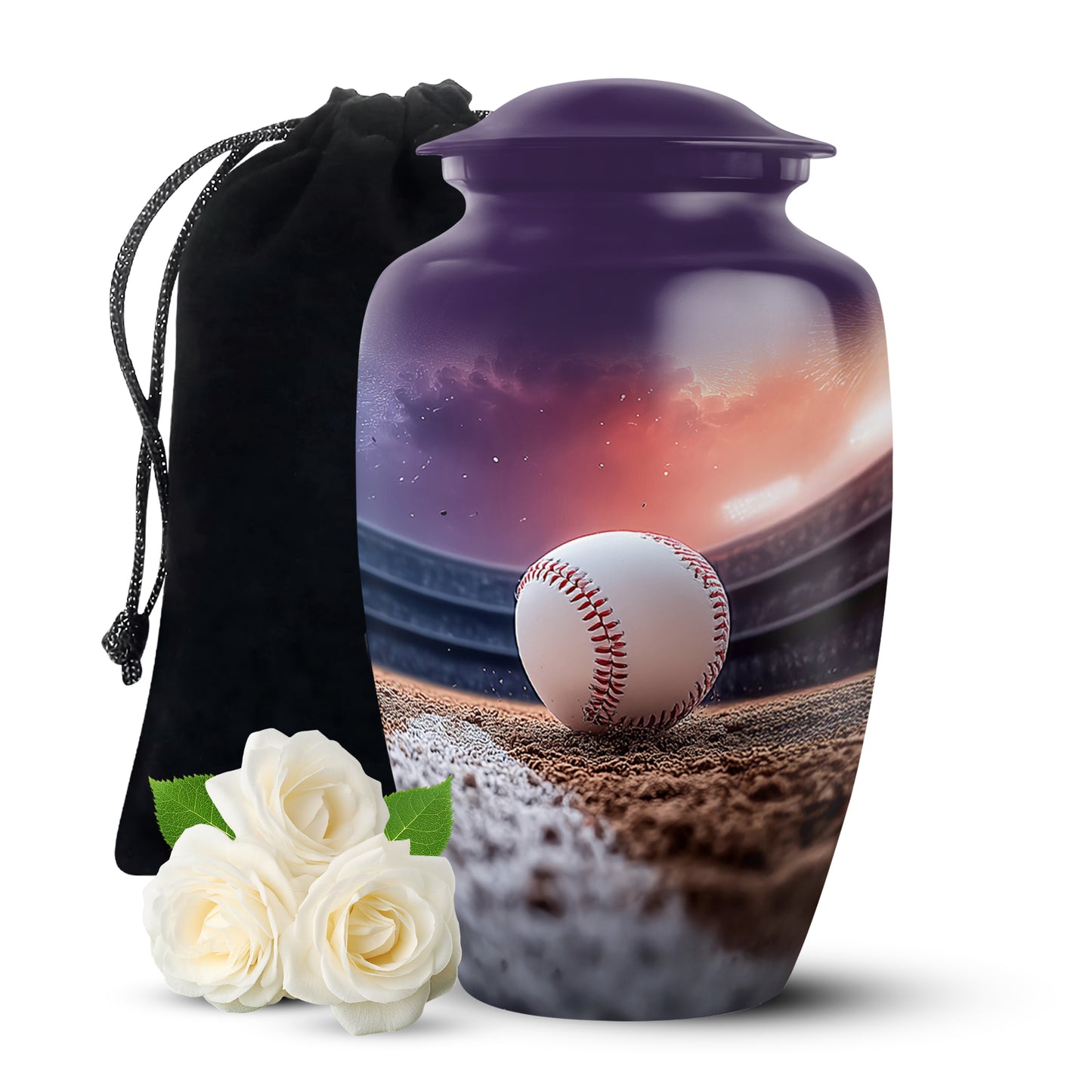 Grape Purple Baseball Cremation Urn angled view of lid and engraved motif - traditional baseball engraving with hand-polished finish - full-size 10 inch 200 cubic inch adult cremation urn