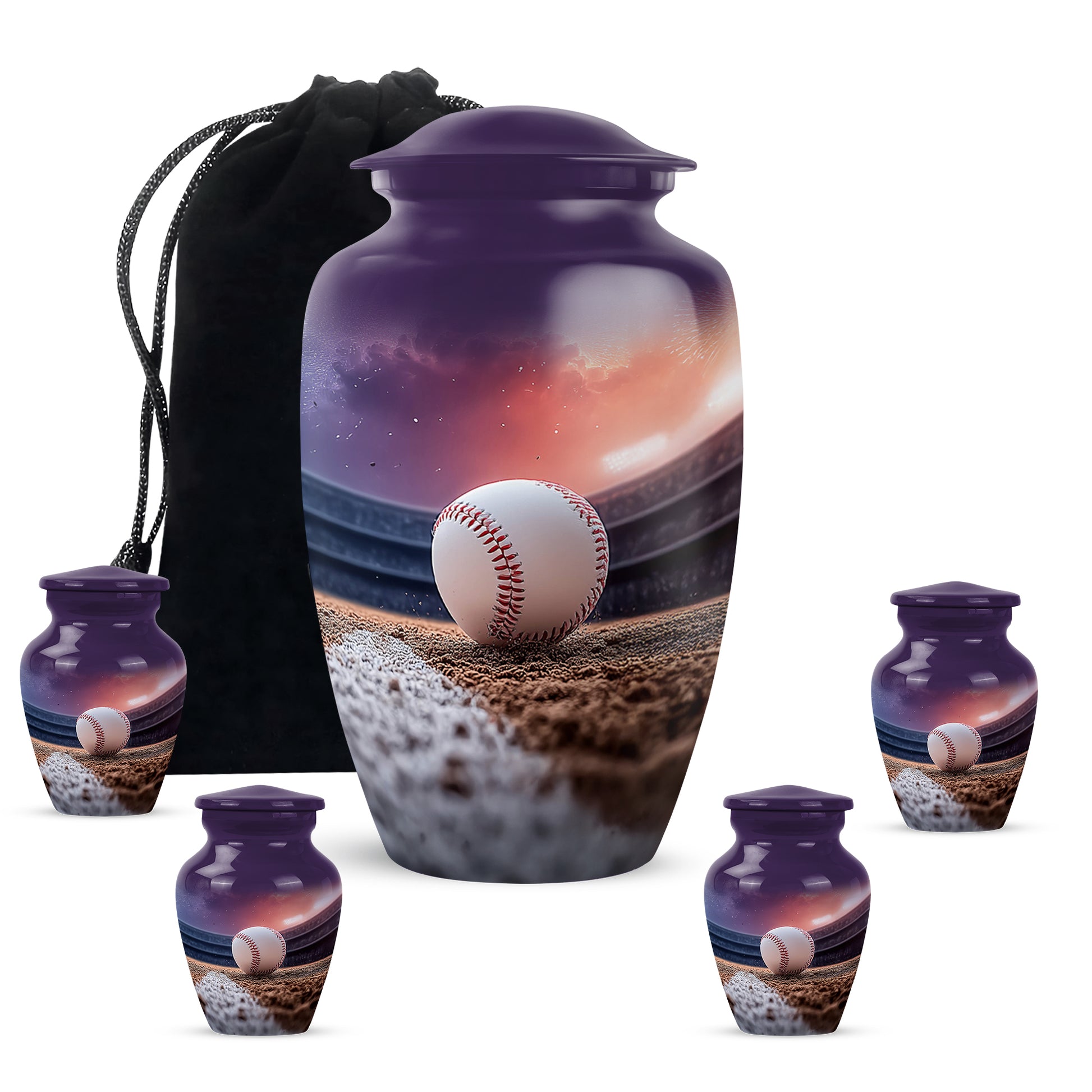 Majestic Purple Baseball Cremation Urn top-down view of secure threaded lid - classic sculpted baseball pattern on smooth aluminum - memorial set with one large and four small urns