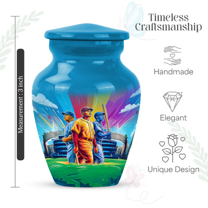 Azure Baseball Cremation Urn close-up of engraving and surface detail - classic sculpted baseball pattern on smooth aluminum - mini keepsake memorial for portion of cremation ashes