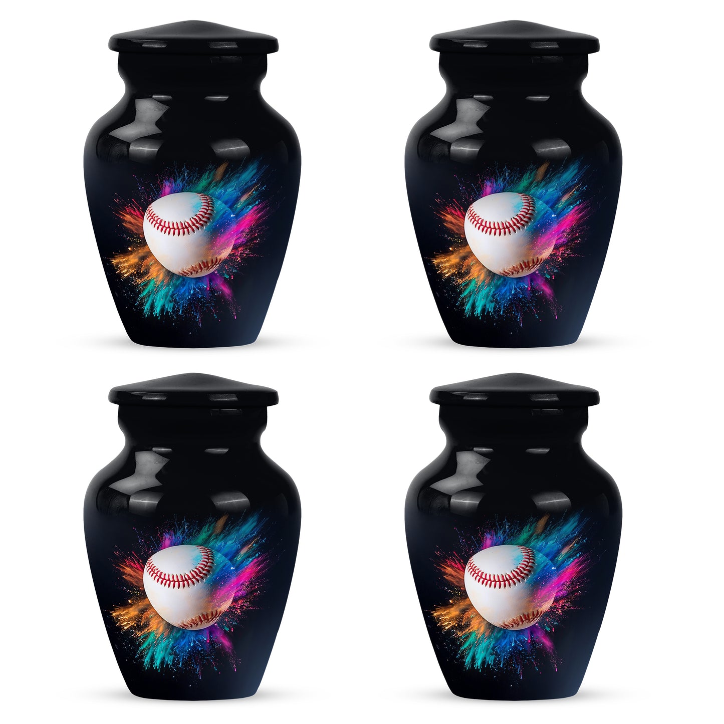 Jet Black Baseball Cremation Urn side profile showing urn shape - timeless baseball motif etched into premium metal - 10 inch aluminum urn for cremated remains