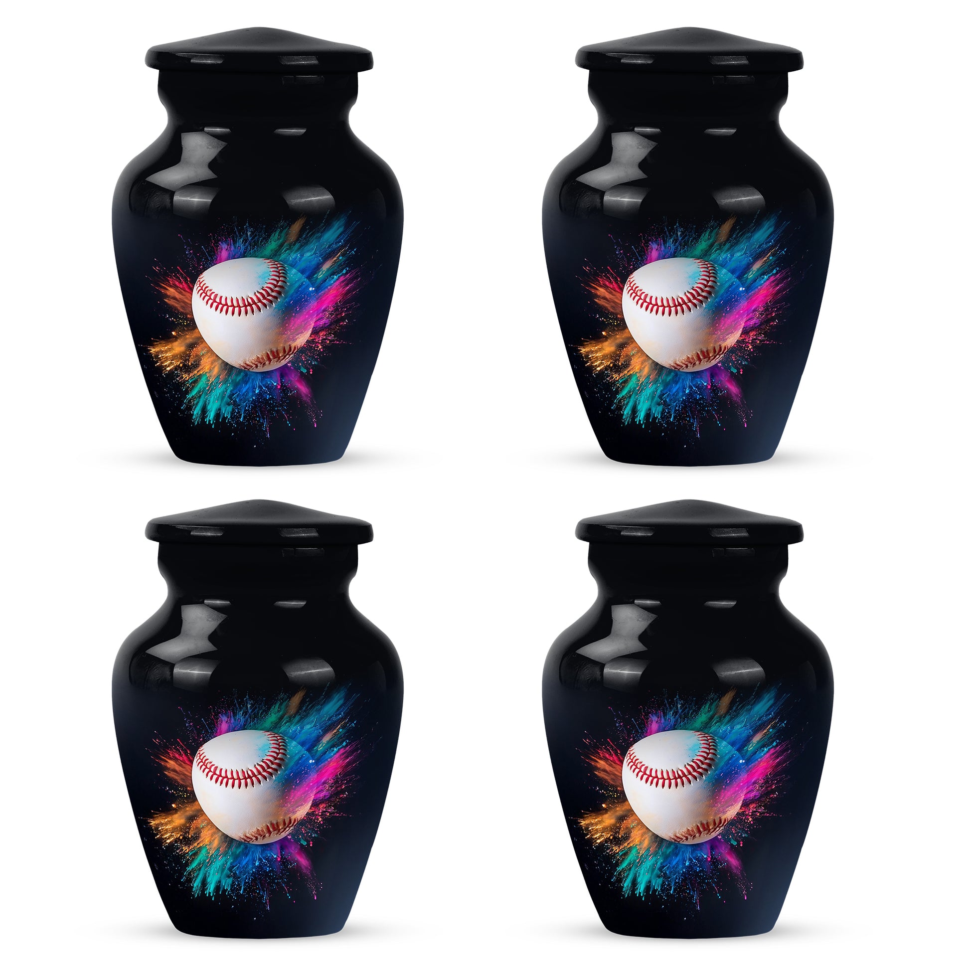 Jet Black Baseball Cremation Urn side profile showing urn shape - timeless baseball motif etched into premium metal - 10 inch aluminum urn for cremated remains
