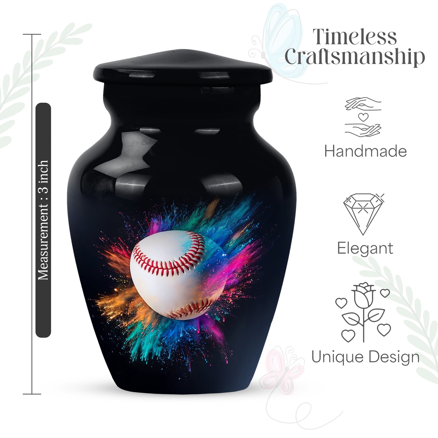 Glossy Black Baseball Cremation Urn close-up of engraving and surface detail - timeless baseball motif etched into premium metal - mini keepsake memorial for portion of cremation ashes