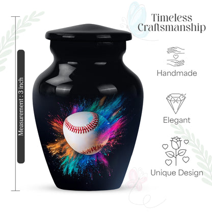 Glossy Black Baseball Cremation Urn close-up of engraving and surface detail - timeless baseball motif etched into premium metal - mini keepsake memorial for portion of cremation ashes