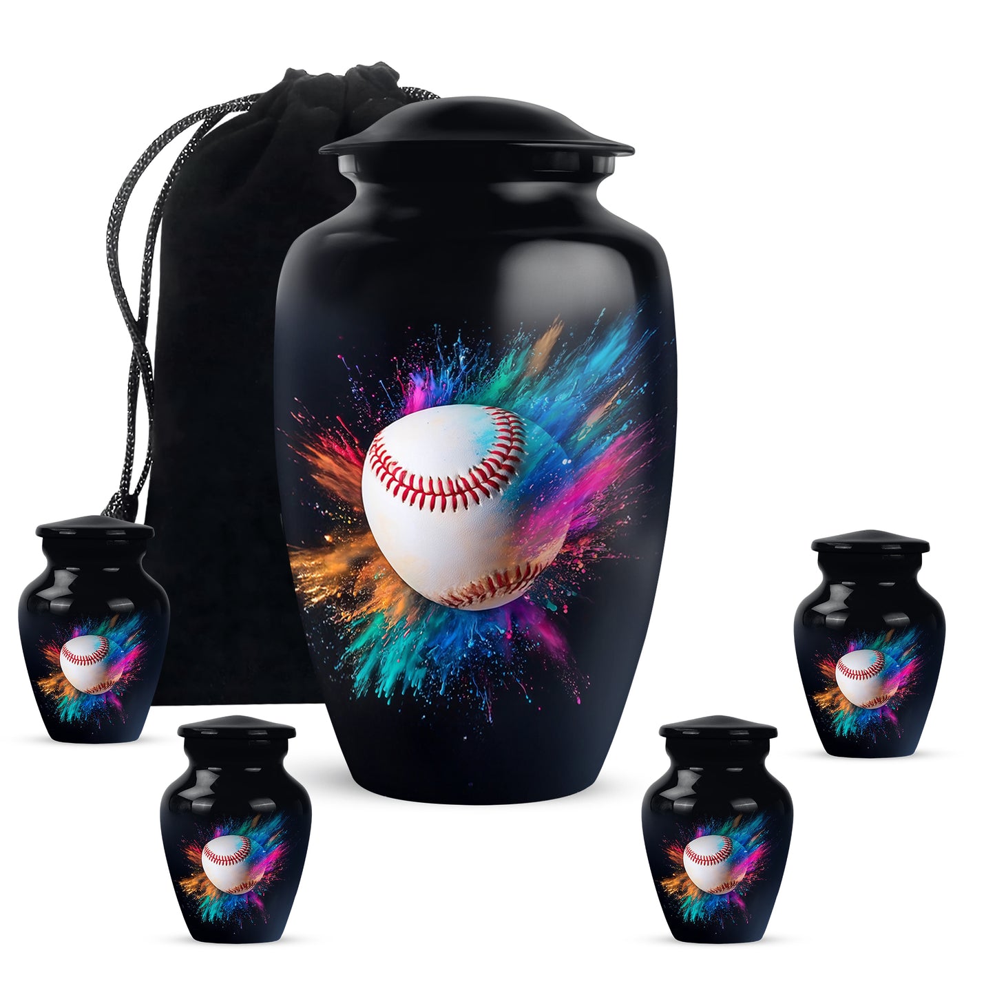 Obsidian Black Baseball Cremation Urn top-down view of secure threaded lid - elegant classic baseball relief with fine detailing - memorial set with one large and four small urns